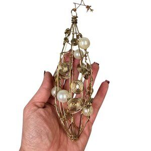 Vintage 90s Silvestri Gold Metal Wire Christmas Ornament with Faux Pearl Accents